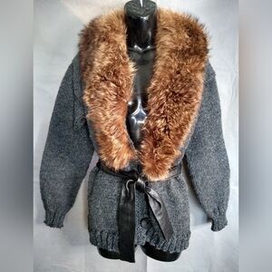 VTG Wool Cardigan Fur Collar Two Button Leather Tie -Up Waist Belt Thick Sweater